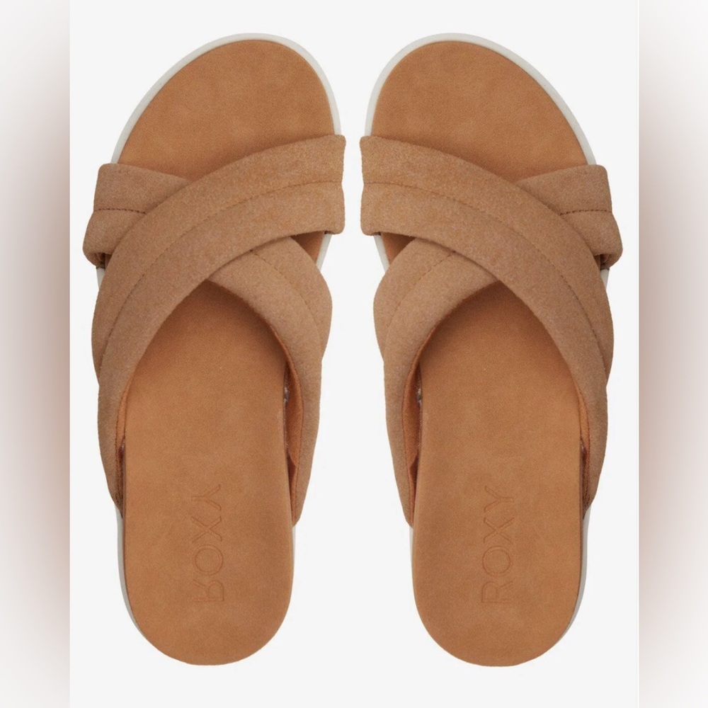 ROXY Tan Cross Strap Platform Slide Sandals Veria Suede Leather Size 7 NWT